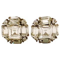 Vintage 1940s Bogoff Sterling& Austrian Crystal Clear Emerald Cut Rhinestone Earrings