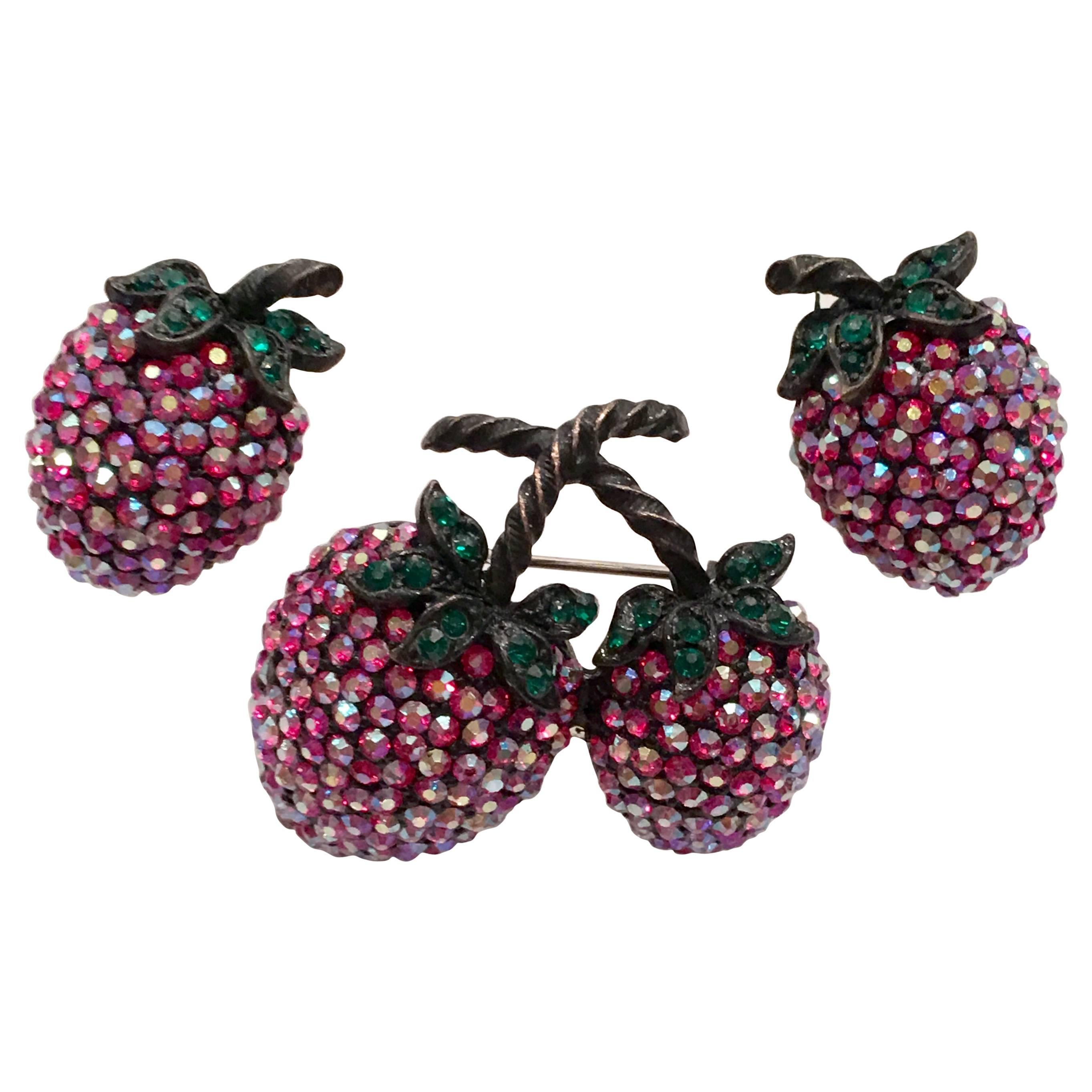 Weiss Japanned Austrian Crystal "Forbidden Fruit" Brooch & Earrings S/3 For Sale