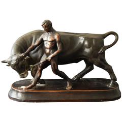 "Leading the Bull, " Fine Sculpture with Male Nude from Germany, Belle Epoch