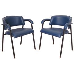 Jacques Adnet Pair of Blue Hand-Stitched Desk Armchairs Chairs, circa 1950s