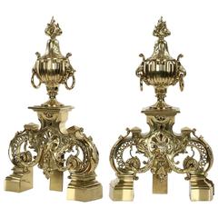 Pair of Barbedienne Brass Louis XVI Style Chenets Antique Andirons, 19th Century