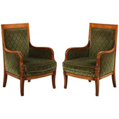 Pair of Empire Style Carved Fruitwood Antique Bergere Armchairs, 20th Century