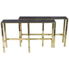 Pair of Italian Modern Brass Leather Top Console