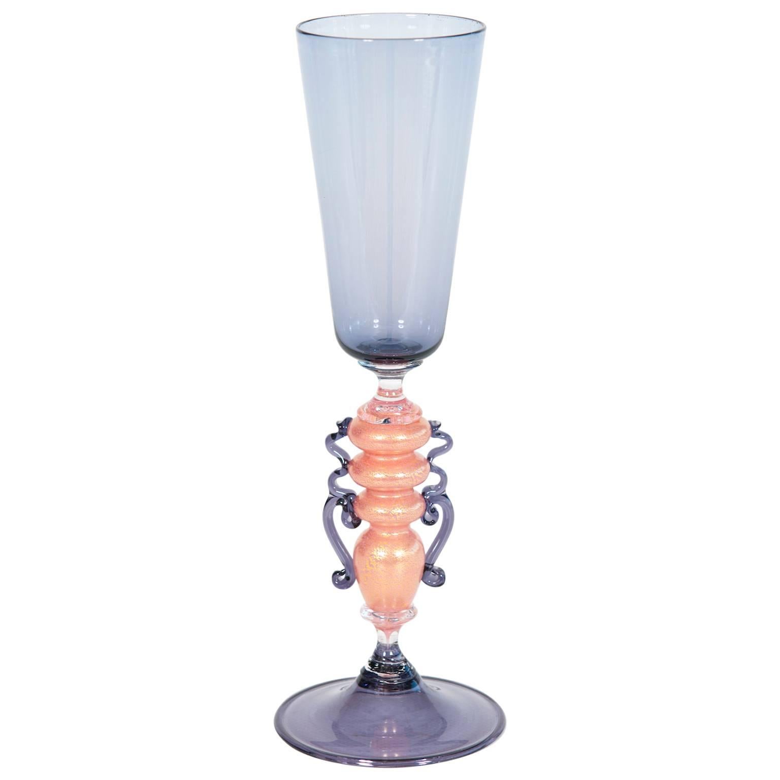 Handcrafted Murano glass Goblet 1970s light purple with accents of pink and gold