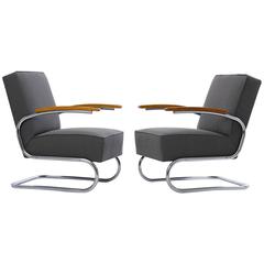 Tubular Steel Lounge Chairs with De Ploeg Fabric, Set of Two