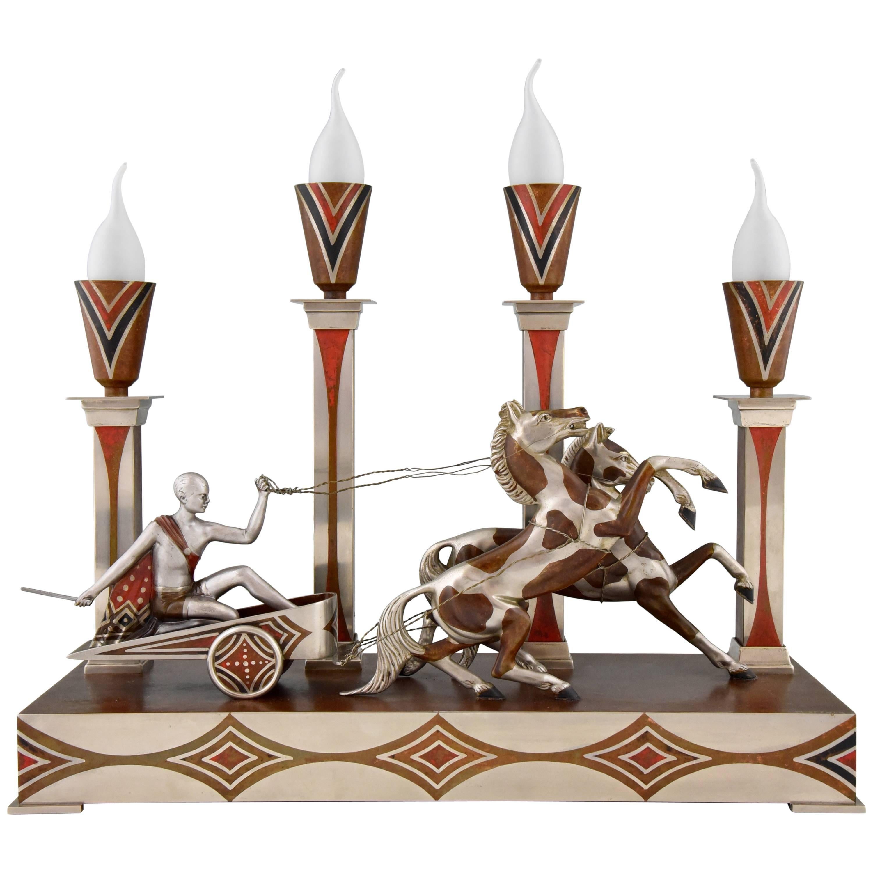  Art Deco Art Deco Bronze Charioteer & Horses Lamp by M. Offner, 1930