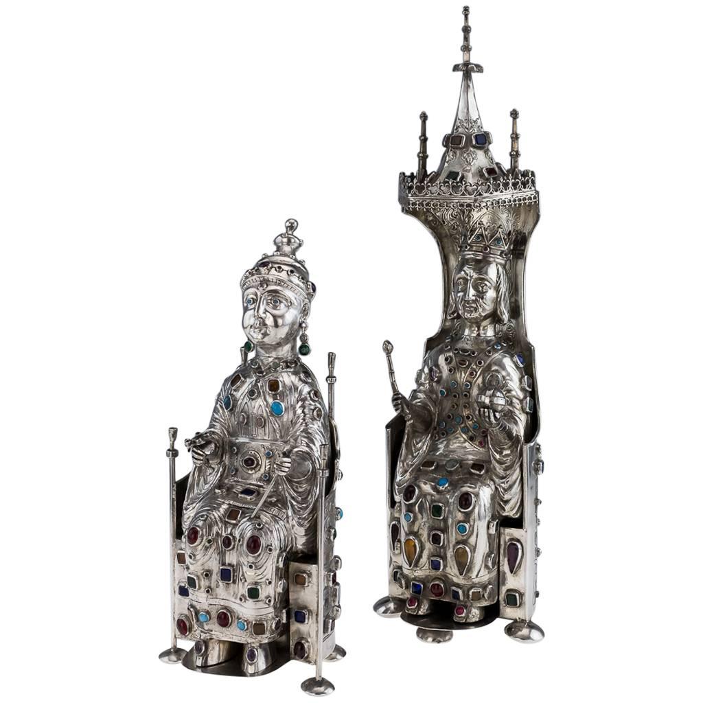 Antique German Jewelled Solid Silver Large King & Queen Figures, circa 1890