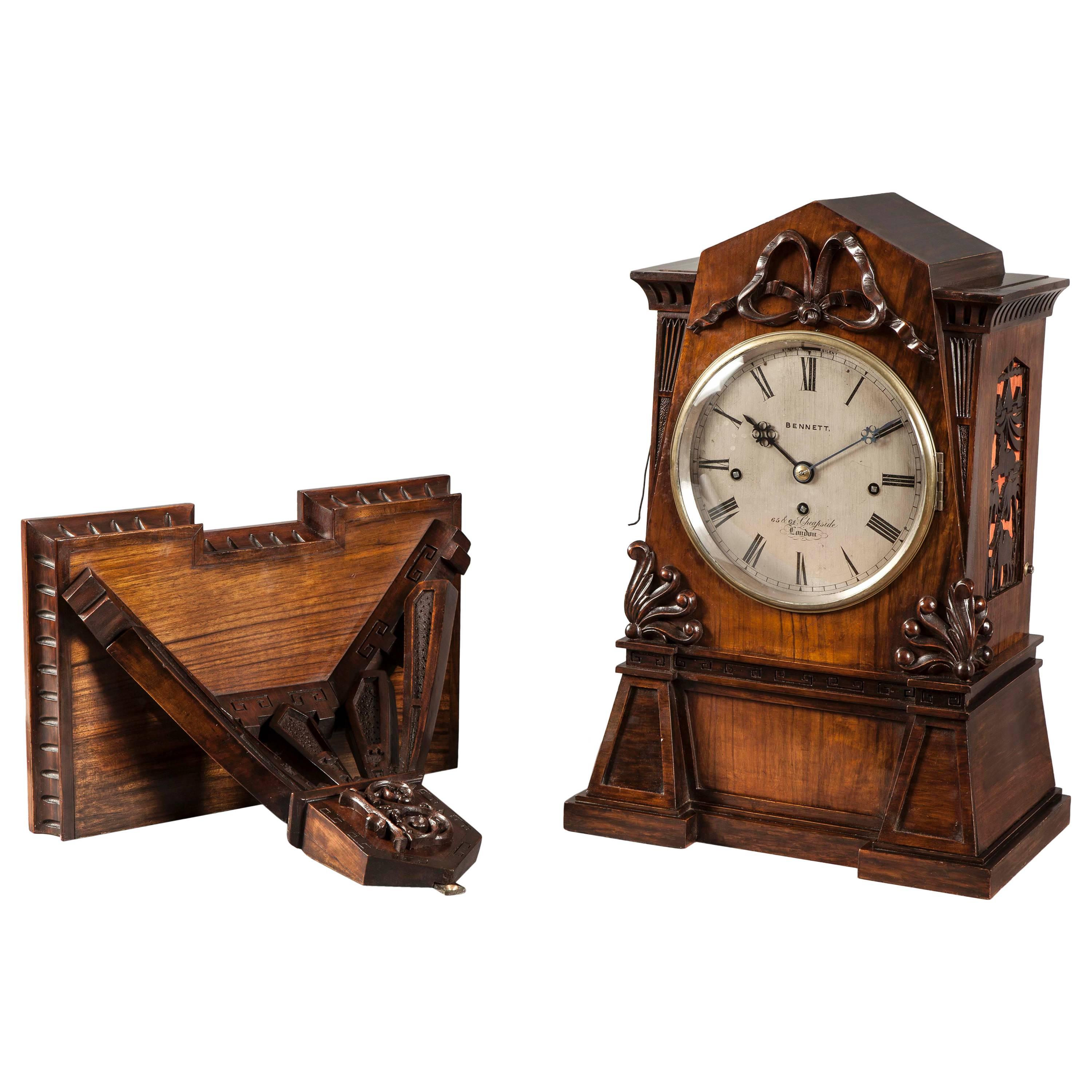 English Bracket Clock of Walnut in the Egyptian Style For Sale