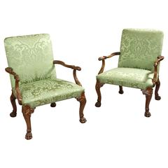 Pair of English Library or Gainsborough Armchairs with Green Damask Fabric 4