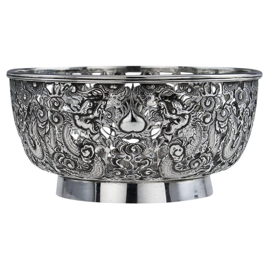 Antique 19th Century Chinese Export Silver Wang Hing Dragon Bowl, circa 1890