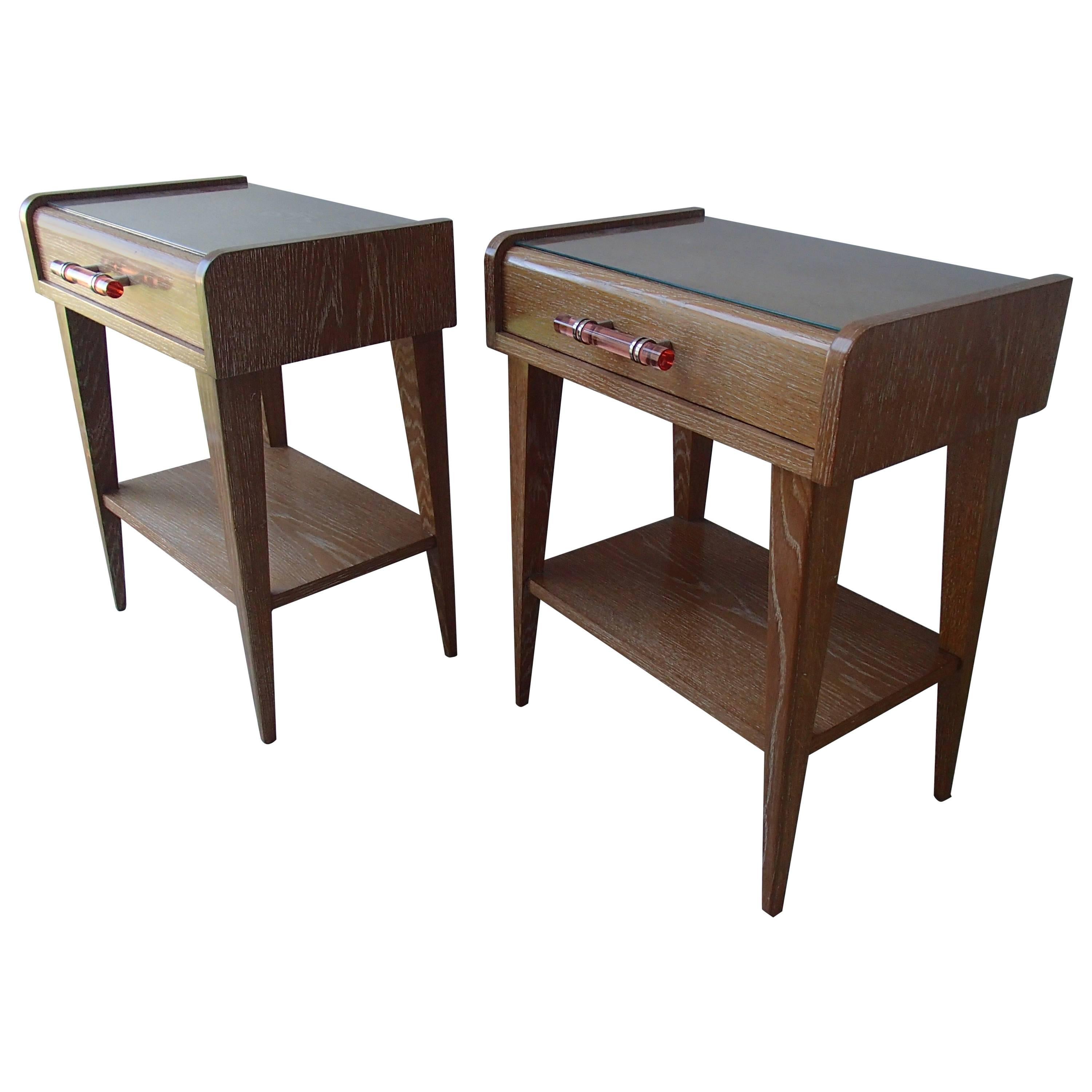 Pair of 1940 Side Tables or Nightstands Cerused Oak Pink Glass Handle