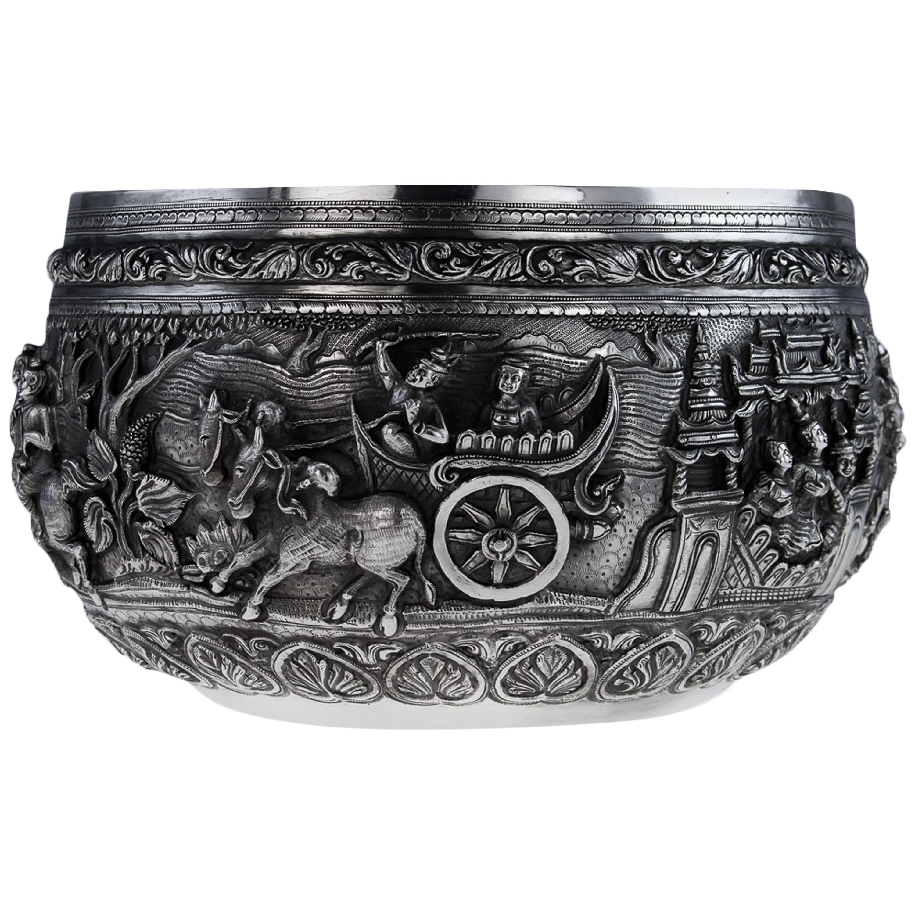 Antique Exceptional Burmese Solid Silver Handcrafted Bowl, circa 1880