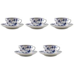 Vintage Five Sets Fluted Plain Royal Copenhagen Porcelain, Chocolate Cups and Saucer