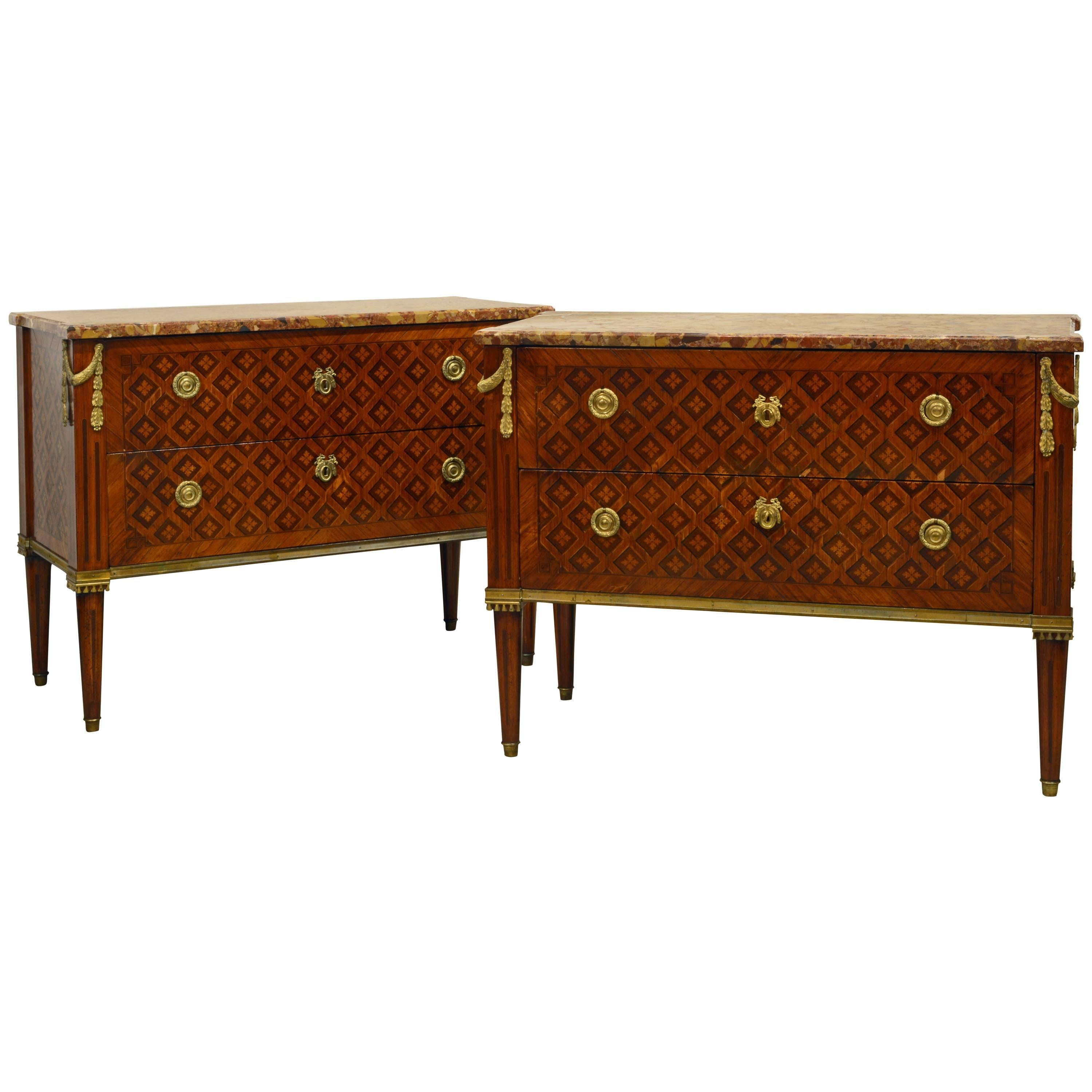 Pair of 18th Century Louis XVI Ormolu-Mounted Marquetry and Marble Top Commodes