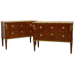 Pair of 18th Century Louis XVI Ormolu-Mounted Marquetry and Marble Top Commodes