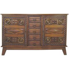 Retro Mexican Modernist Chip Carved and Decorated Oak Credenza, circa 1960s