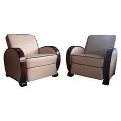 Pair of Art Deco Leather Streamline Club Chairs with Ebene de Macassar Arms
