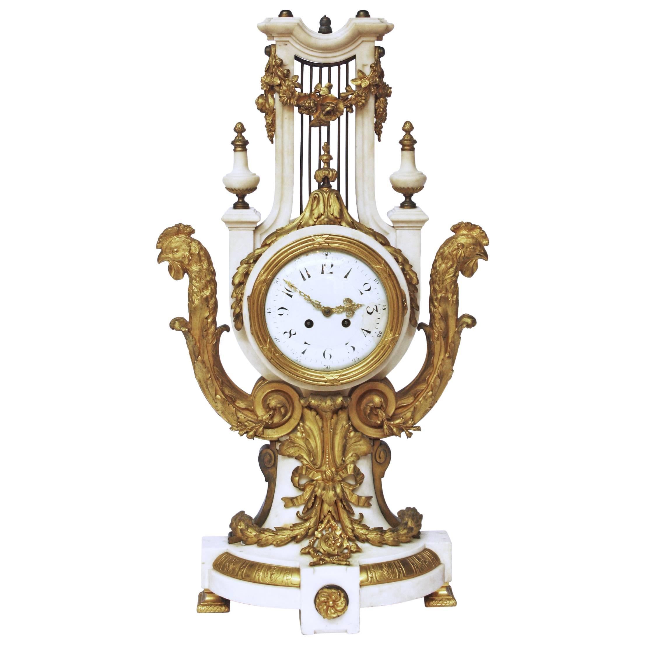French Louis XVI-Style Marble and Gilt Bronze Lyre-Form Clock