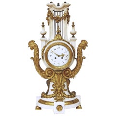 French Louis XVI-Style Marble and Gilt Bronze Lyre-Form Clock