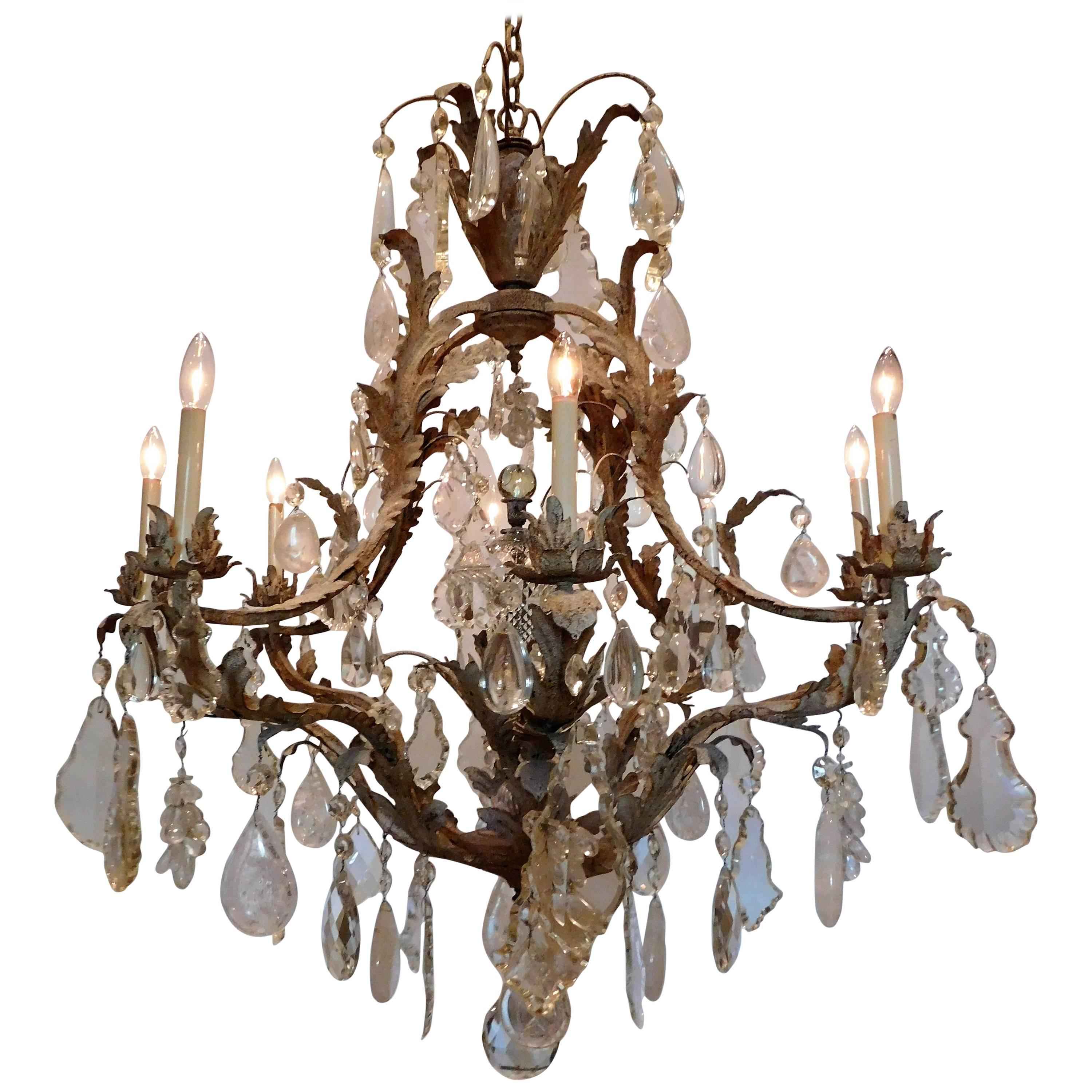 Large Eight-Light Crystal and Rock Crystal Chandelier