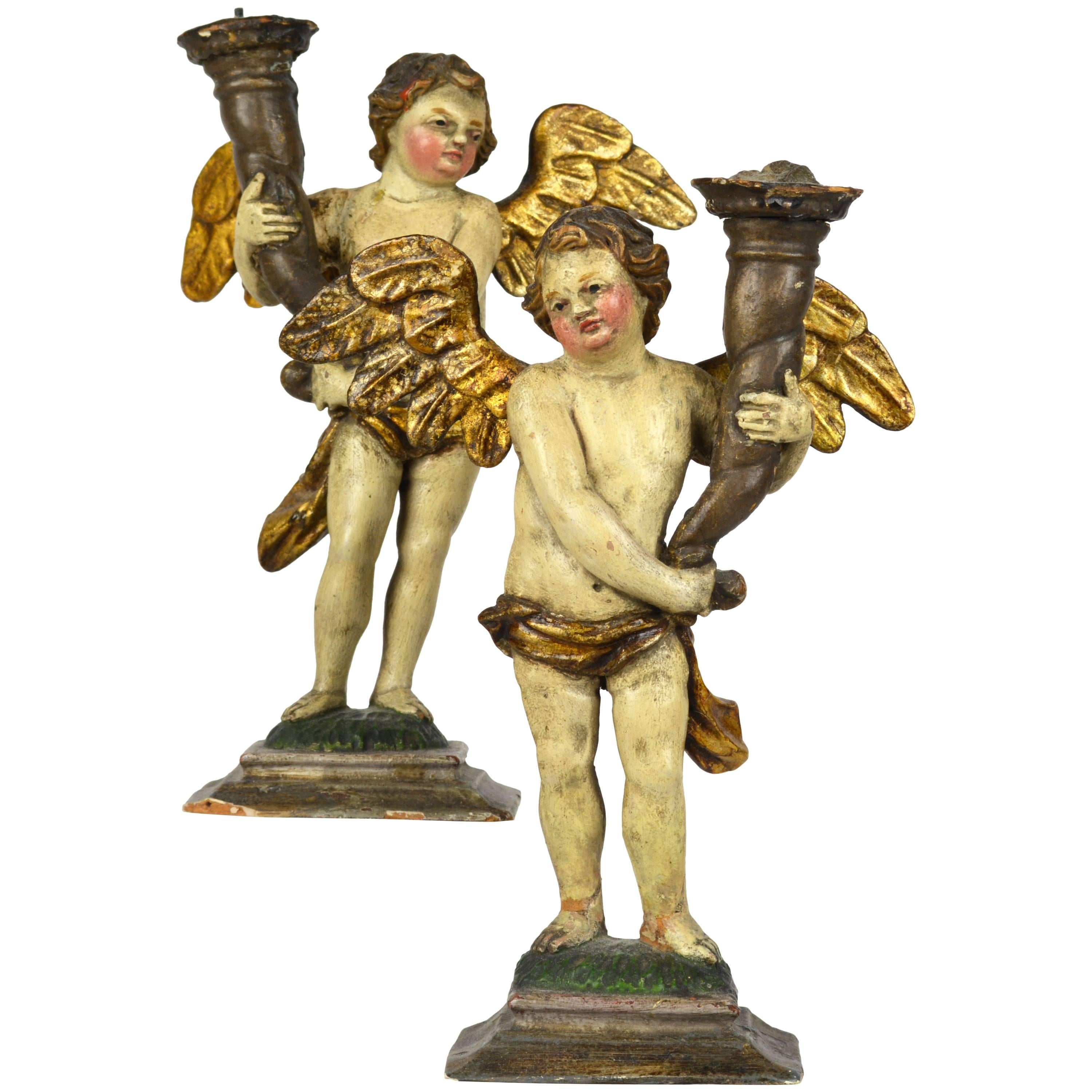 Lovely Pair of 18th Century Italian Carved Paint and Giltwood Putti Prickets