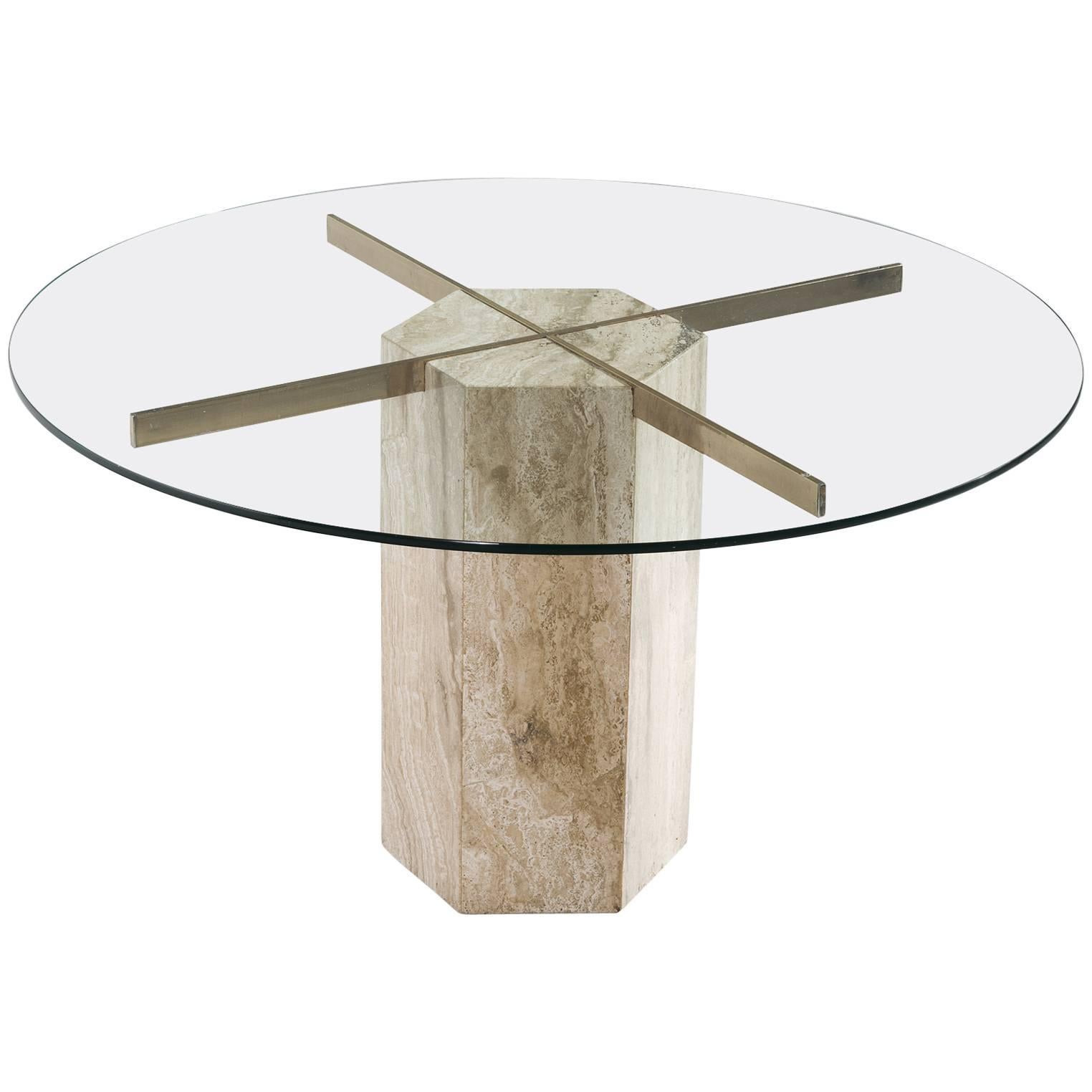 Italian Travertine and Brass Round Dining Table