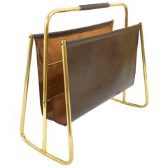 Rare Carl Auböck Mid-Century News Rack, Brass, Brown Leather, Austria, 1950s