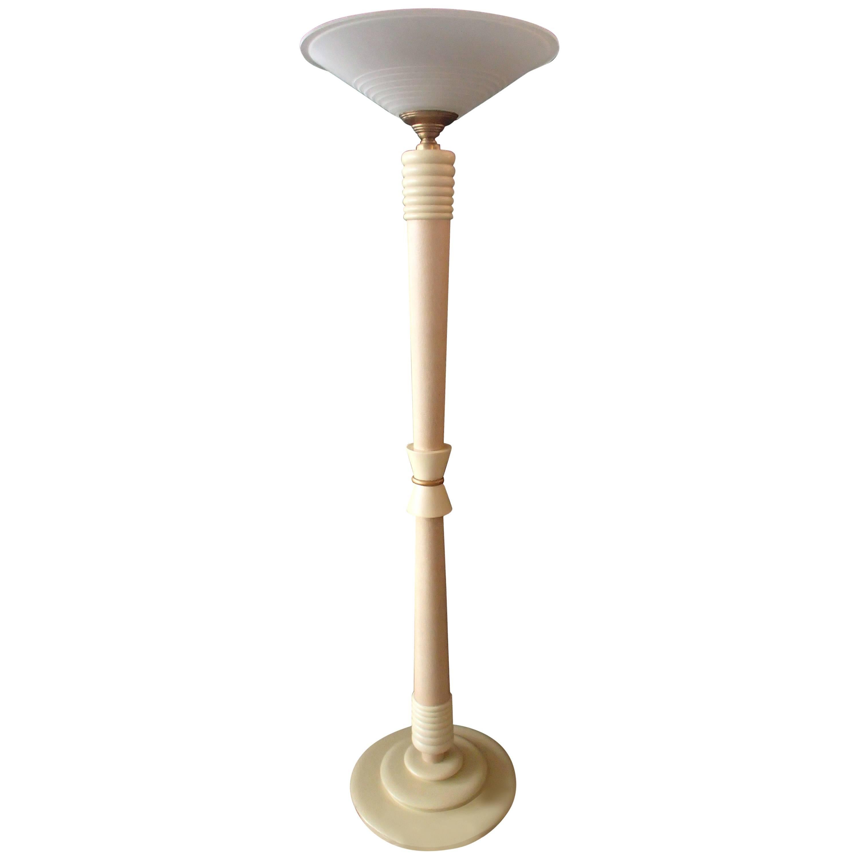 1940 Floor Lamp Ivory Lacquered Sable Glass Shade For Sale