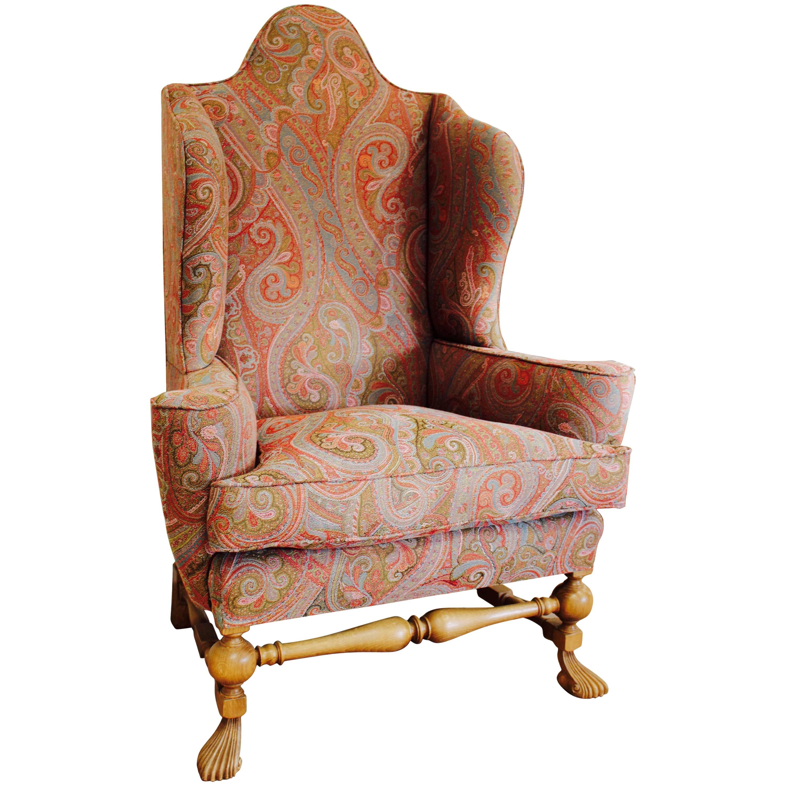 William and Mary Style Oak Wing Chair Upholstered in Etro Andromeda