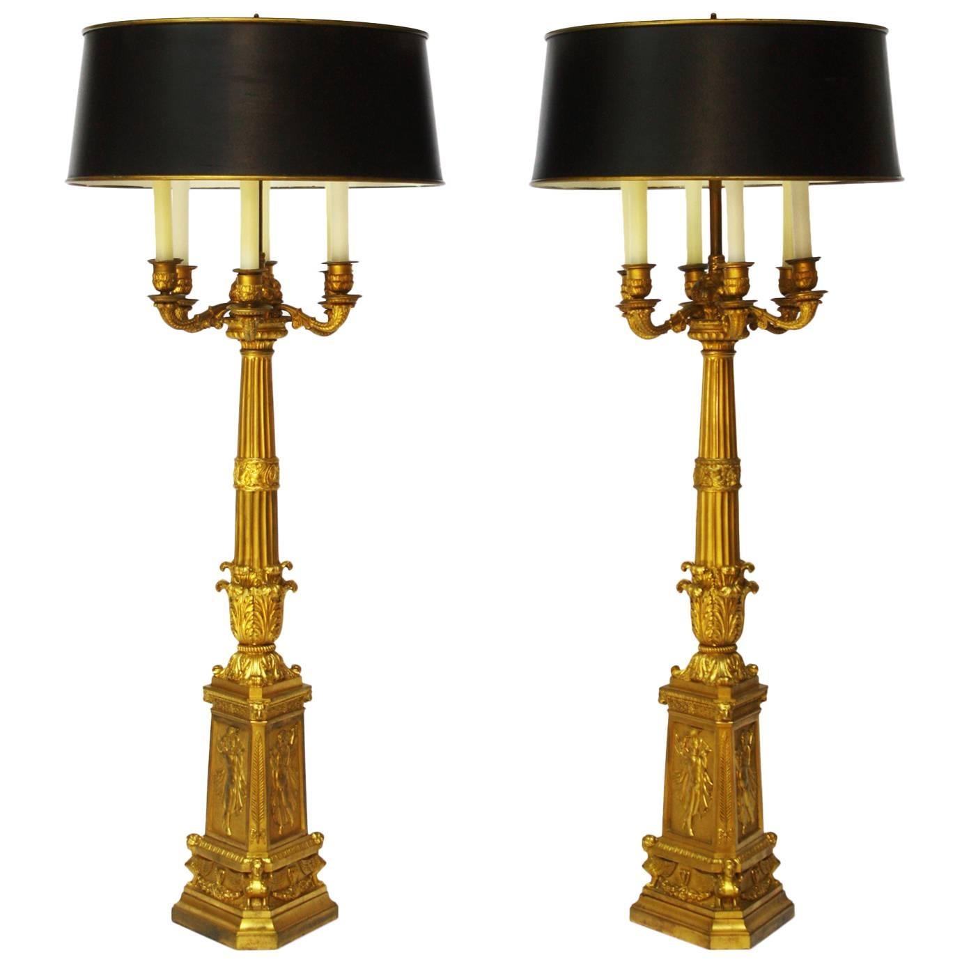Pair of Tall French Empire Bronze Doré Six-Arm Candelabra as Lamps