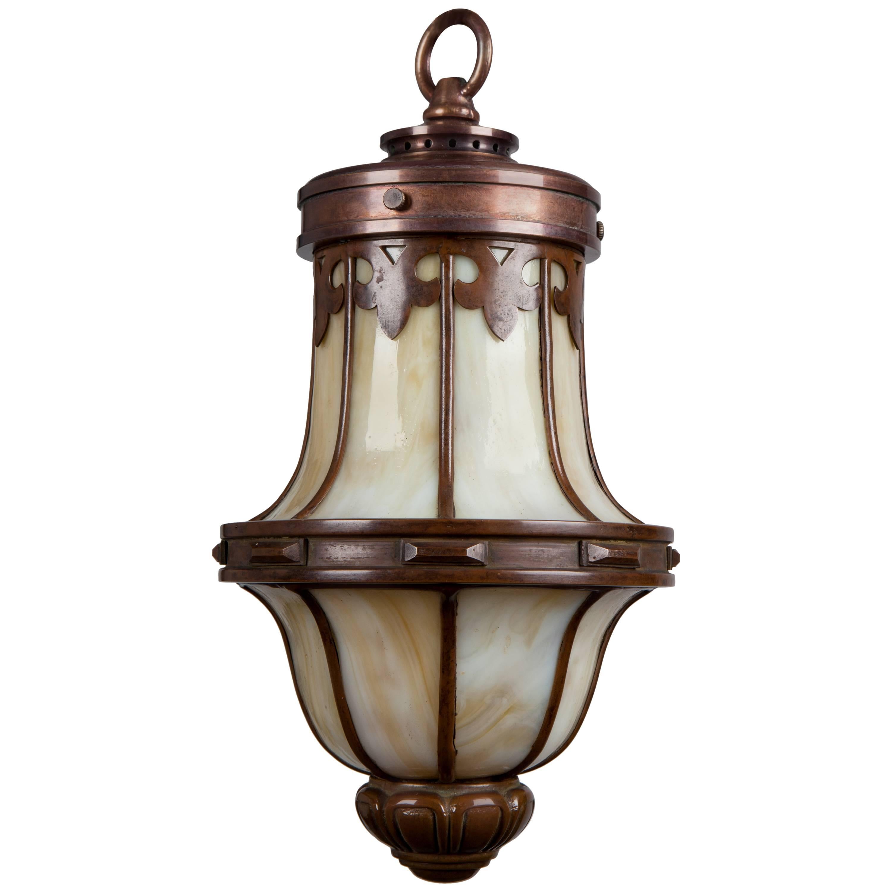 Copper and Bronze Arts and Crafts Lantern with Leaded Glass, Circa 1920 In Good Condition For Sale In New York, NY