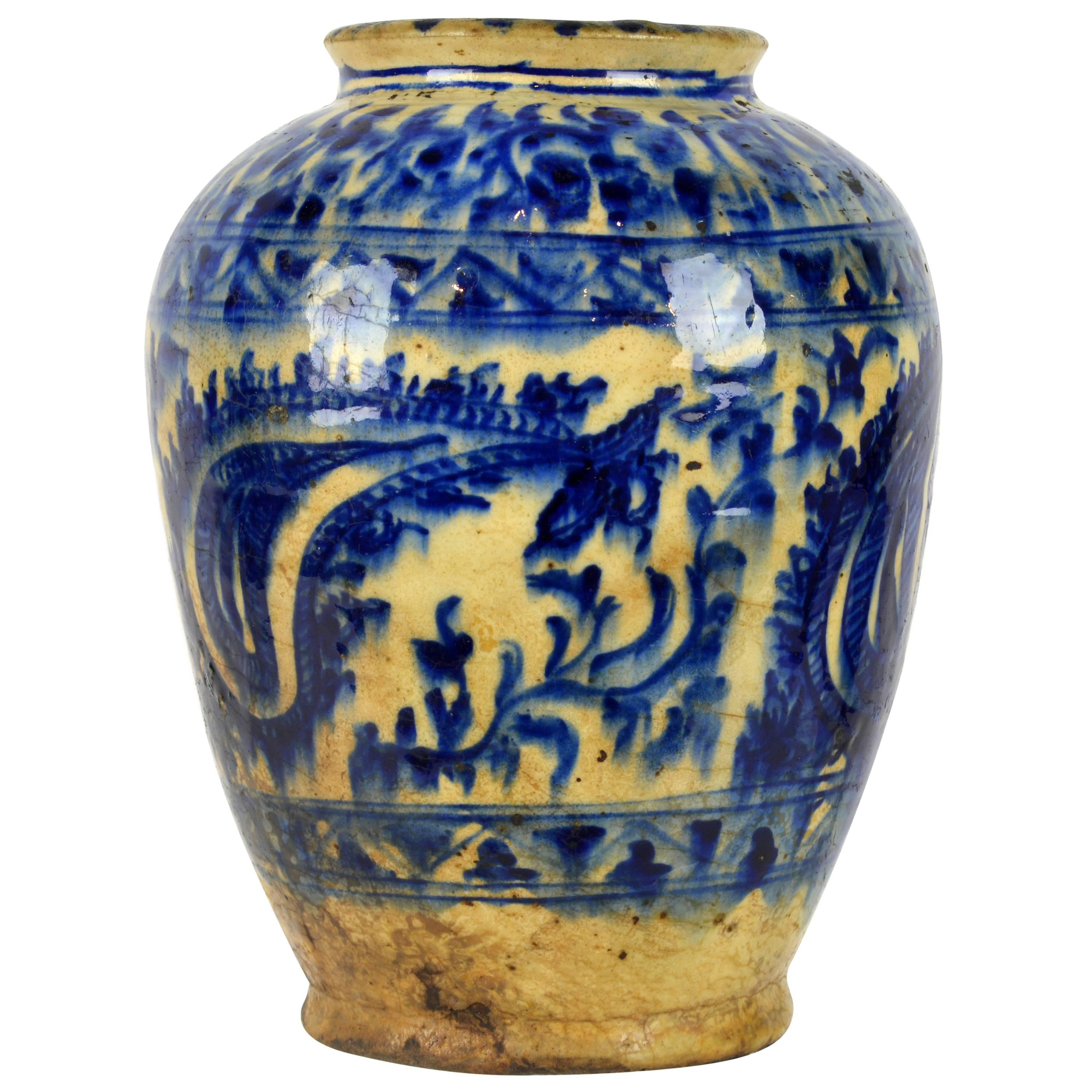 Rare Islamic Mamluk Period 16th Century Likely Syrian Blue and White Ceramic Jar