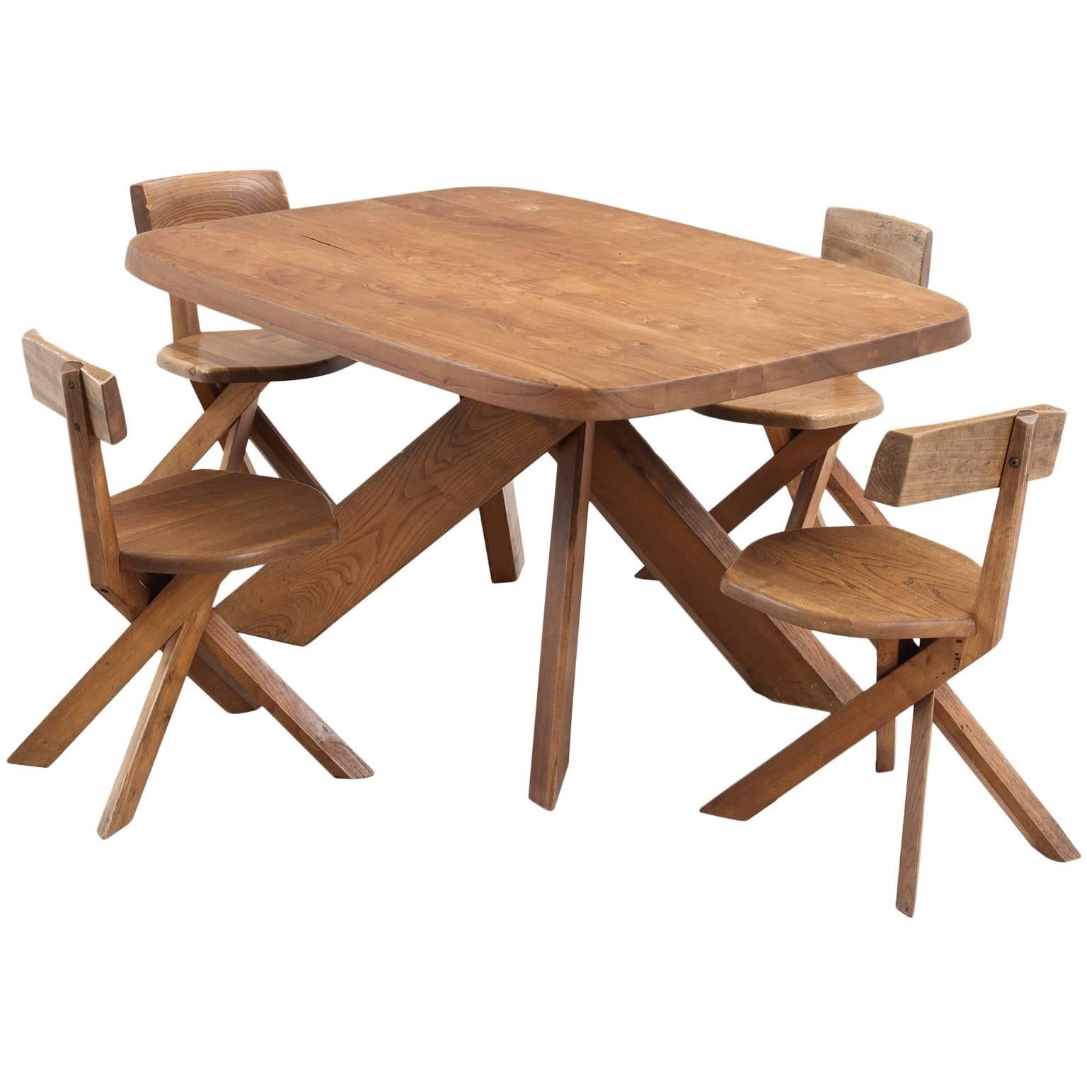 Pierre Chapo Solid Elm Dining Room Set with Four Chairs