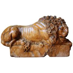 Very Fine Italian Grand Tour Carved Giallo di Siena Marble Canova Lion