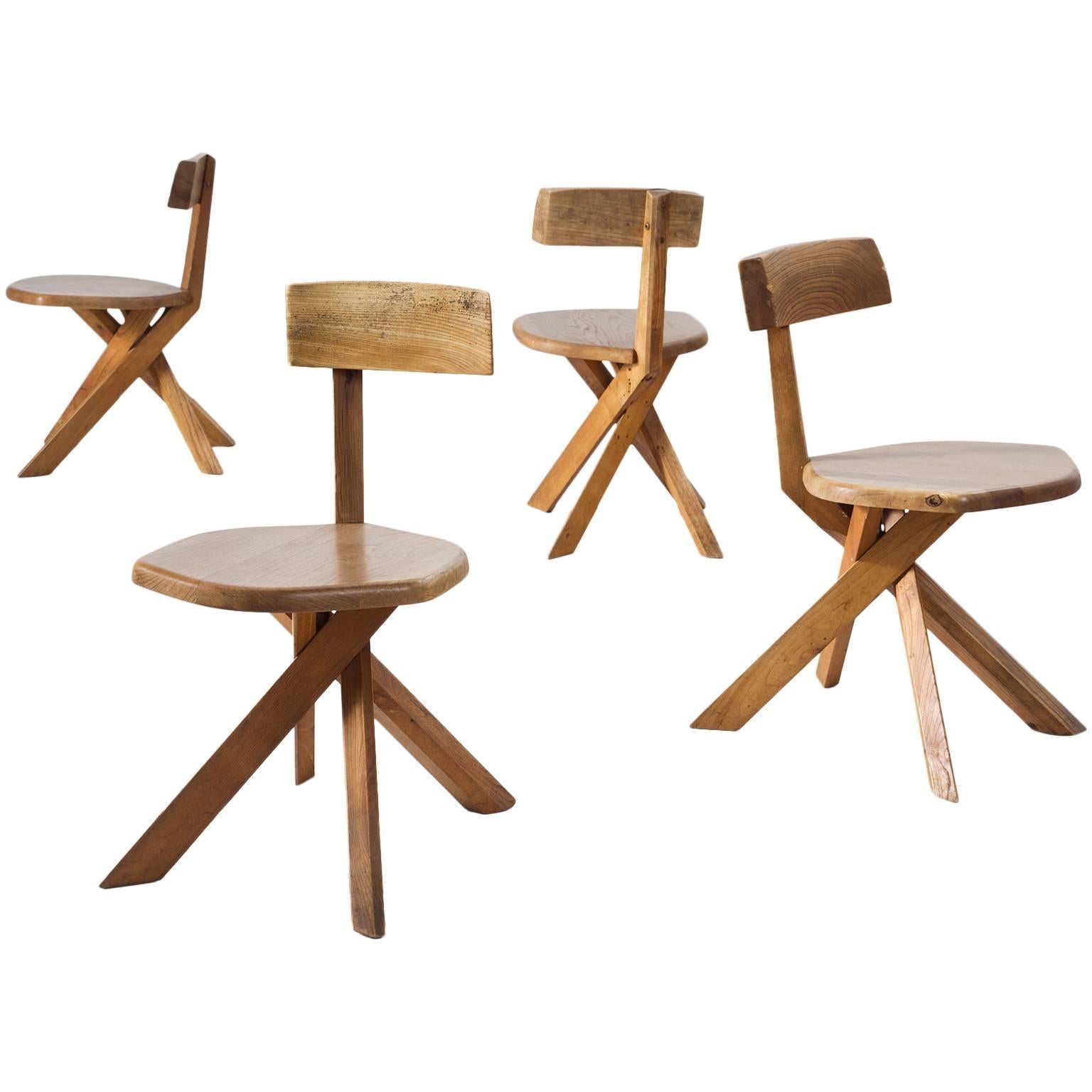 Pierre Chapo Set of Three S34 Dining Chairs in Solid Elm