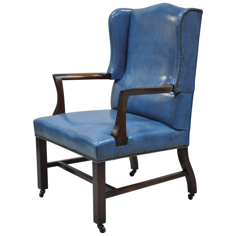 Blue Leather Mahogany Sloane Office Desk Library Wing Chair After
