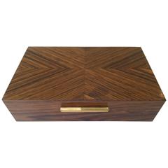 Art Deco Macassar Diamond Bookmarked Veneer Box with a Brass Handle, circa 1930 4