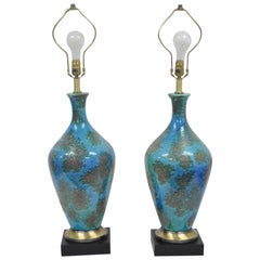 Pair of Mid Century Italian Modern Blue Glazed Ceramic Pottery Table Lamps