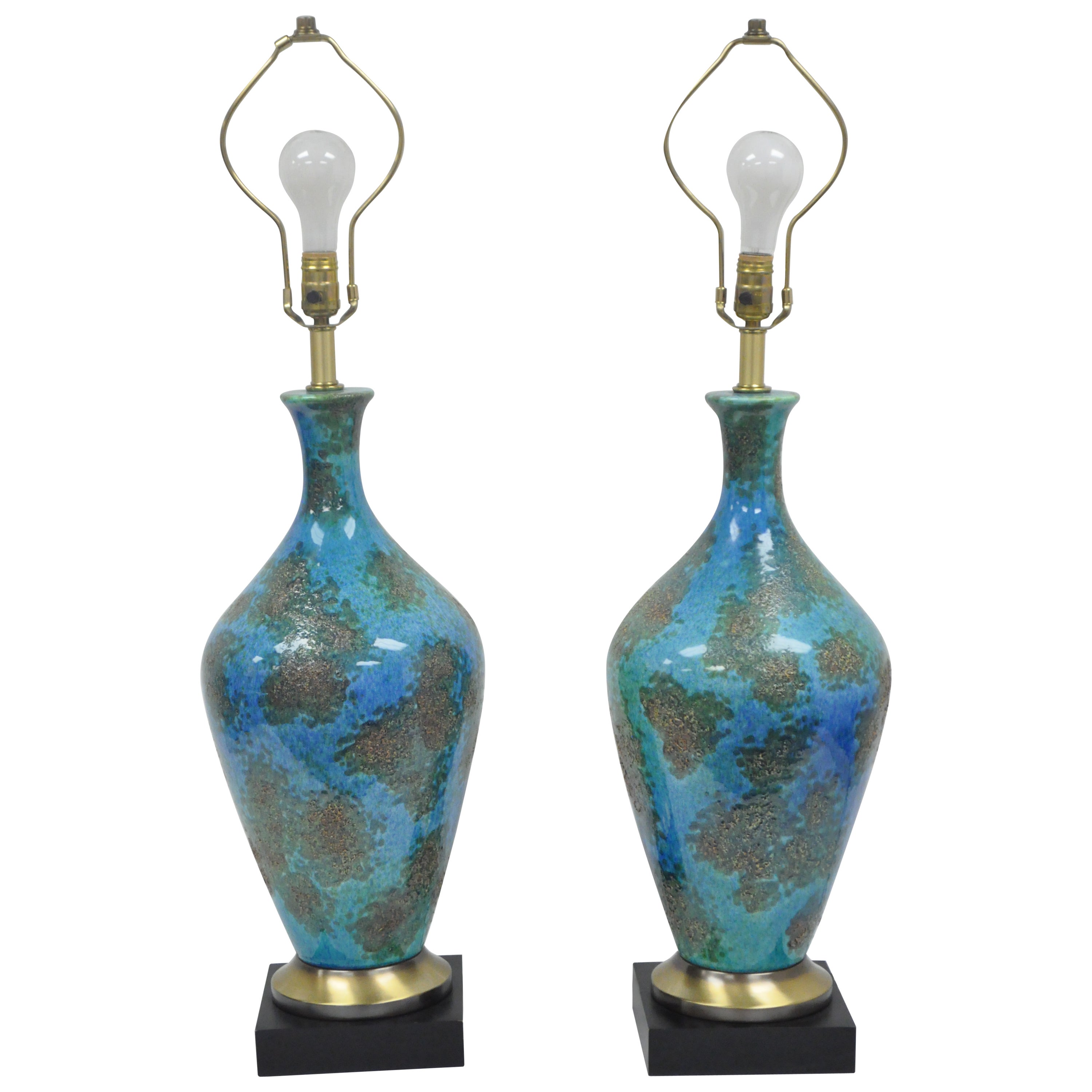 A Mid Century Ceramic Table Lamp in Green and Blue Glaze at 1stDibs