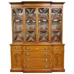 Vintage Georgian Style Bubble Glass Satinwood Inlay Mahogany Bookcase Breakfront Cabinet