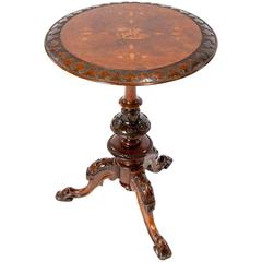 Quality Irish Victorian Inlaid Walnut Tripod Occasional Table