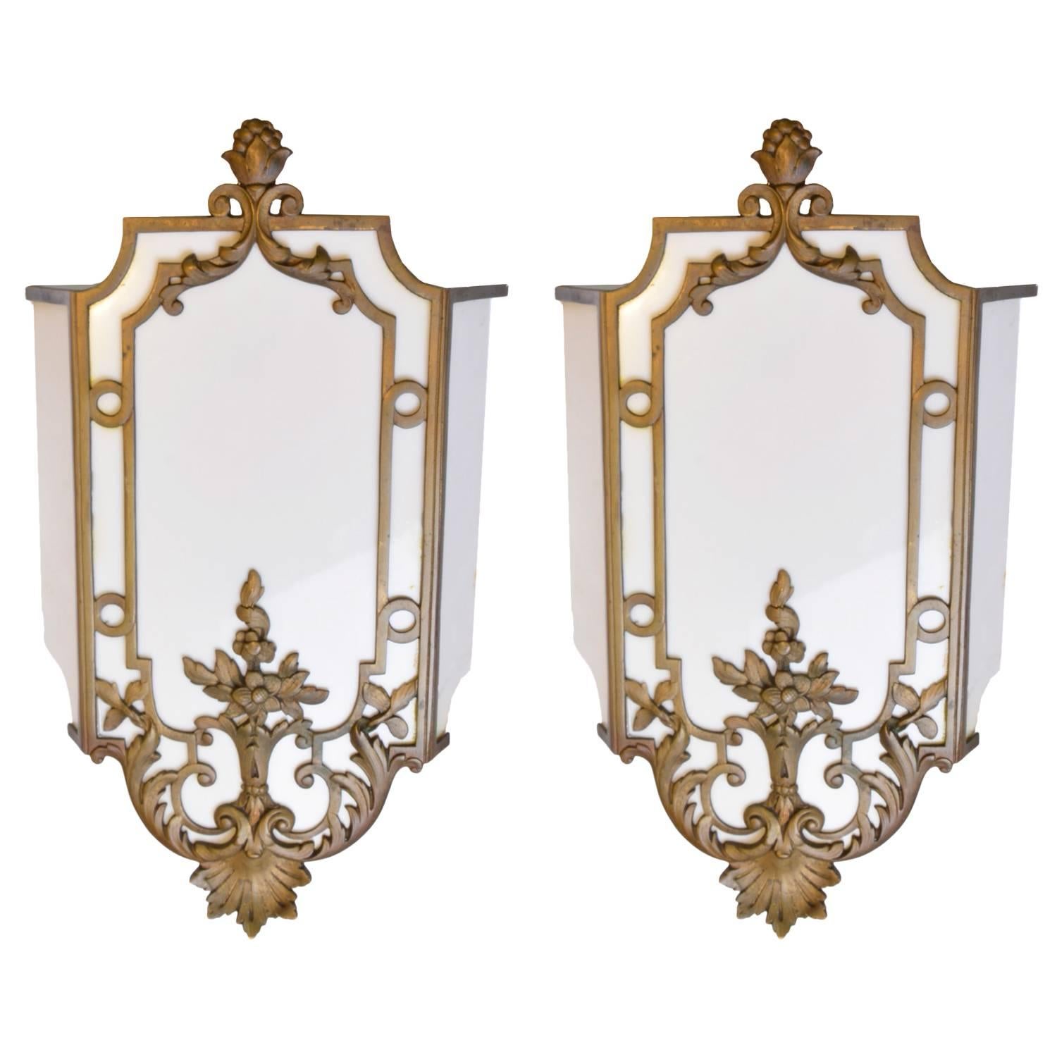 Pair of Fabulous Sterling Bronze and Company Milk Glass Sconce