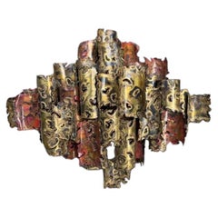 Brutalistische Wandskulptur „Silas Seandel Cathedral Torch Cut“ aus Messing und verschiedenen Metallen