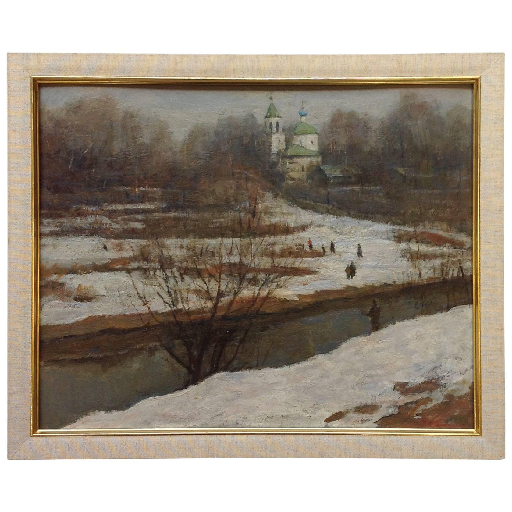 River in Snow Oil by Sergei Kamanen For Sale