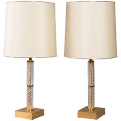 French Mid-Century Cut Crystal and Brass Table Lamps