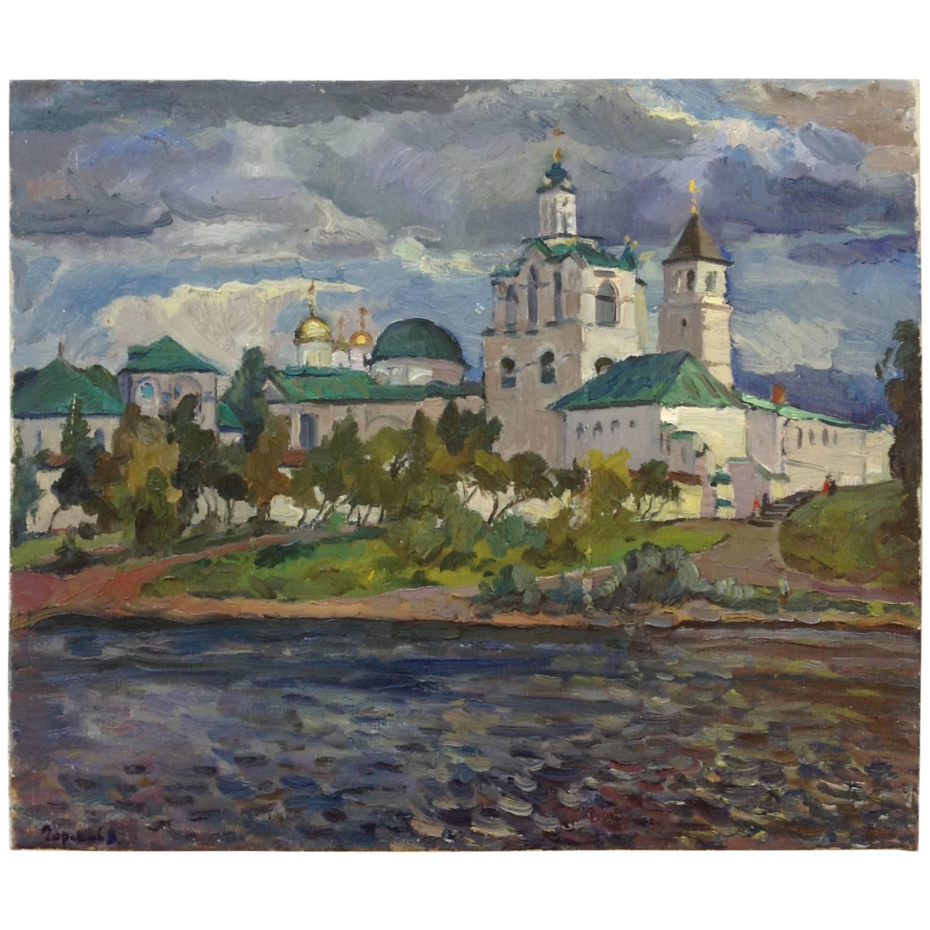 Monastery Landscape Oil on Canvas by Vladimir Ilyich For Sale