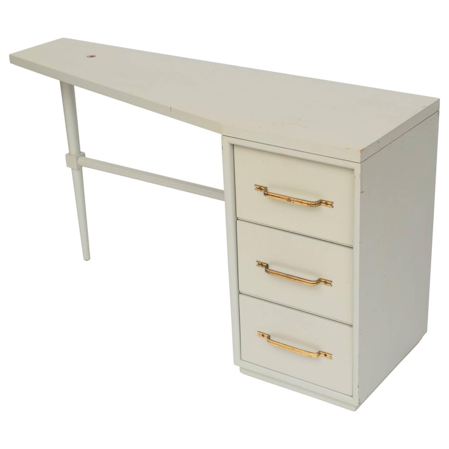 Tommi Parzinger Style Celadon Lacquered Desk with Signature Brass Ribbon Handles For Sale