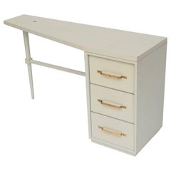 Tommi Parzinger Style Celadon Lacquered Desk with Signature Brass Ribbon Handles