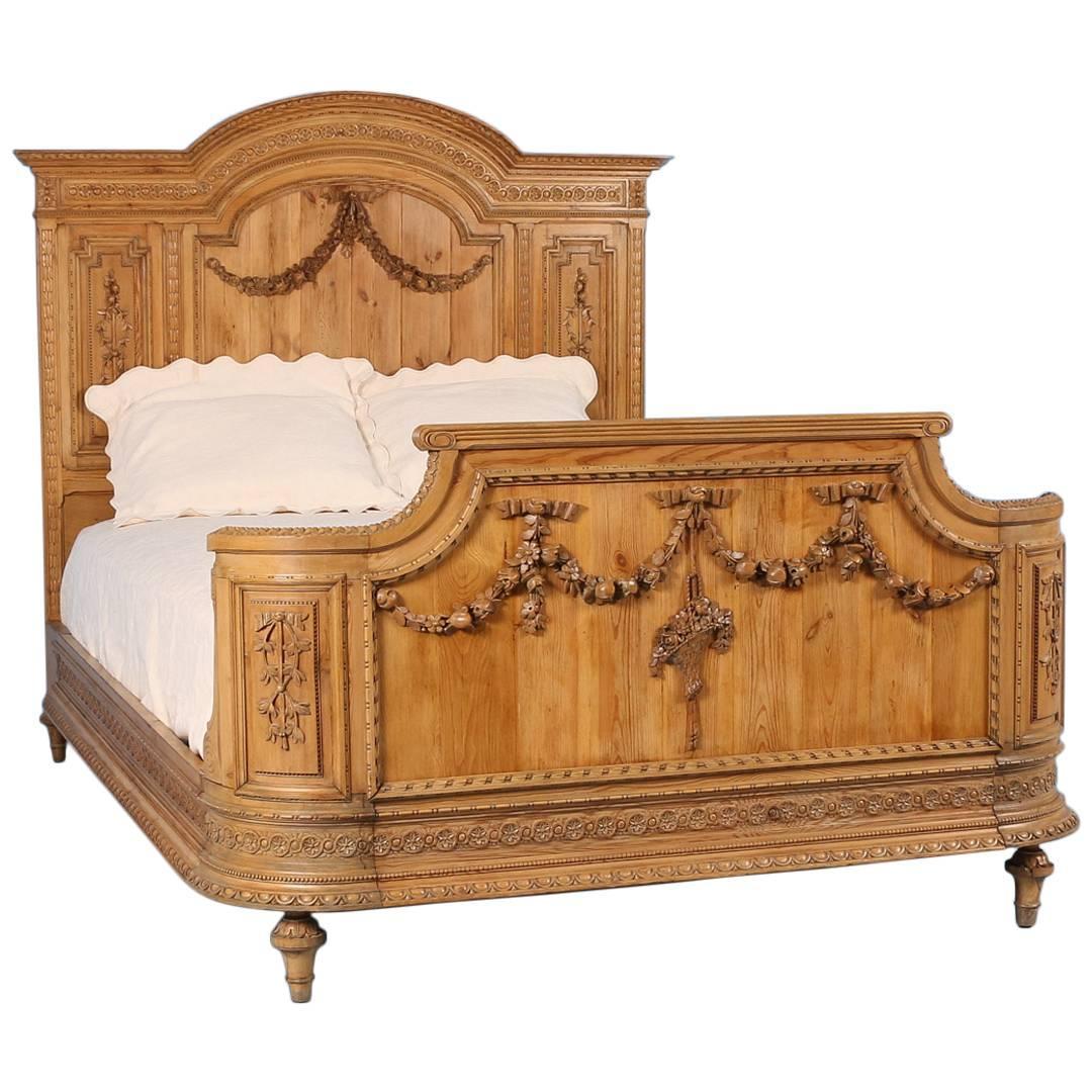 Carved Antique French Queen Size Pine Bed, circa 1860 at 1stdibs