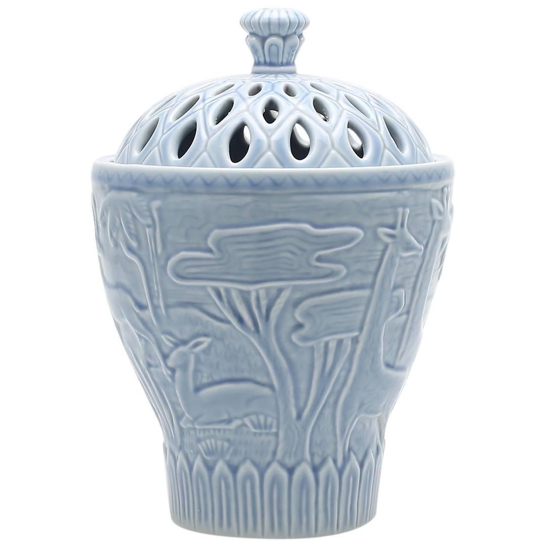 Tall Porcelain Jar in Sky Blue Glaze with Animal Details by Gunnar Nylund For Sale